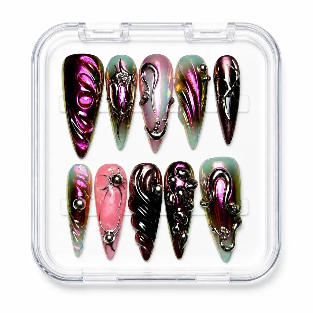 Iridescent Chrome Swirls – Xưởng gia công Nailbox Sỉ thủ công