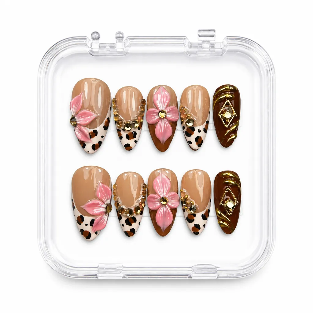 Leopard Blossom Glamour – Mẫu Nailbox Sỉ Thiết Kế Thủ Công