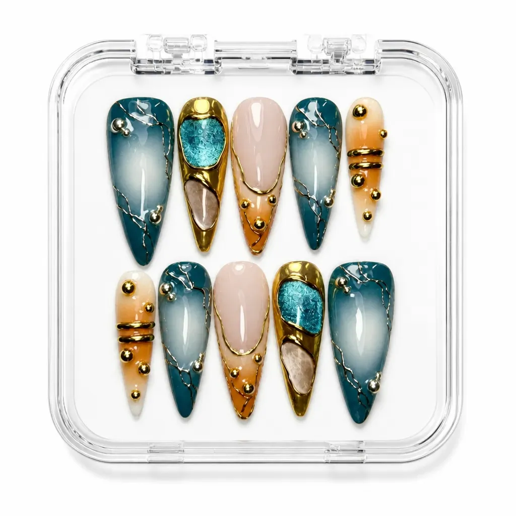 Luxe Teal Mystique – Xưởng gia công Nailbox Sỉ thủ công