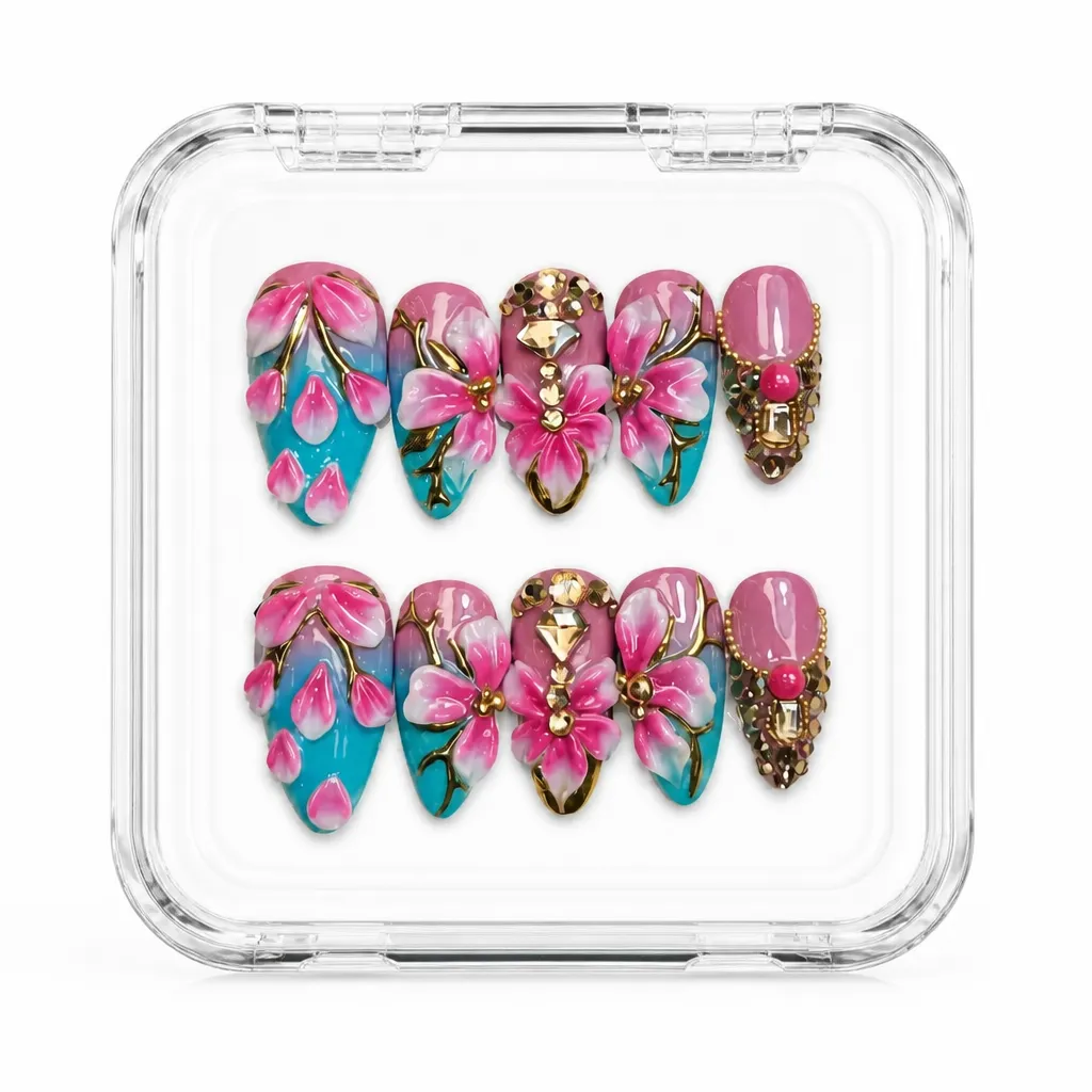Magenta Teal Blossom – Xưởng gia công Nailbox Sỉ thủ công