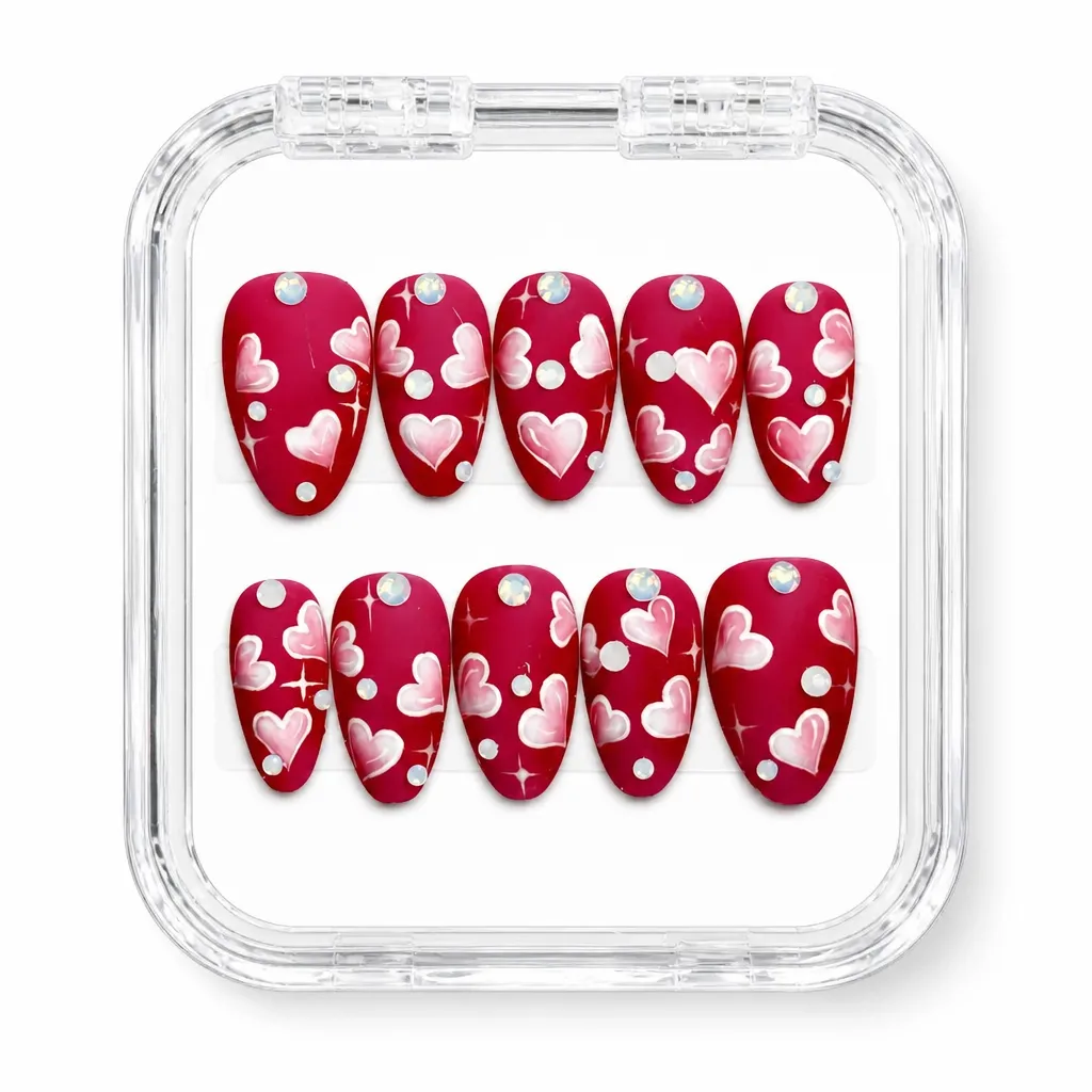 Matte Crimson Hearts – Xưởng gia công Nailbox Sỉ thủ công