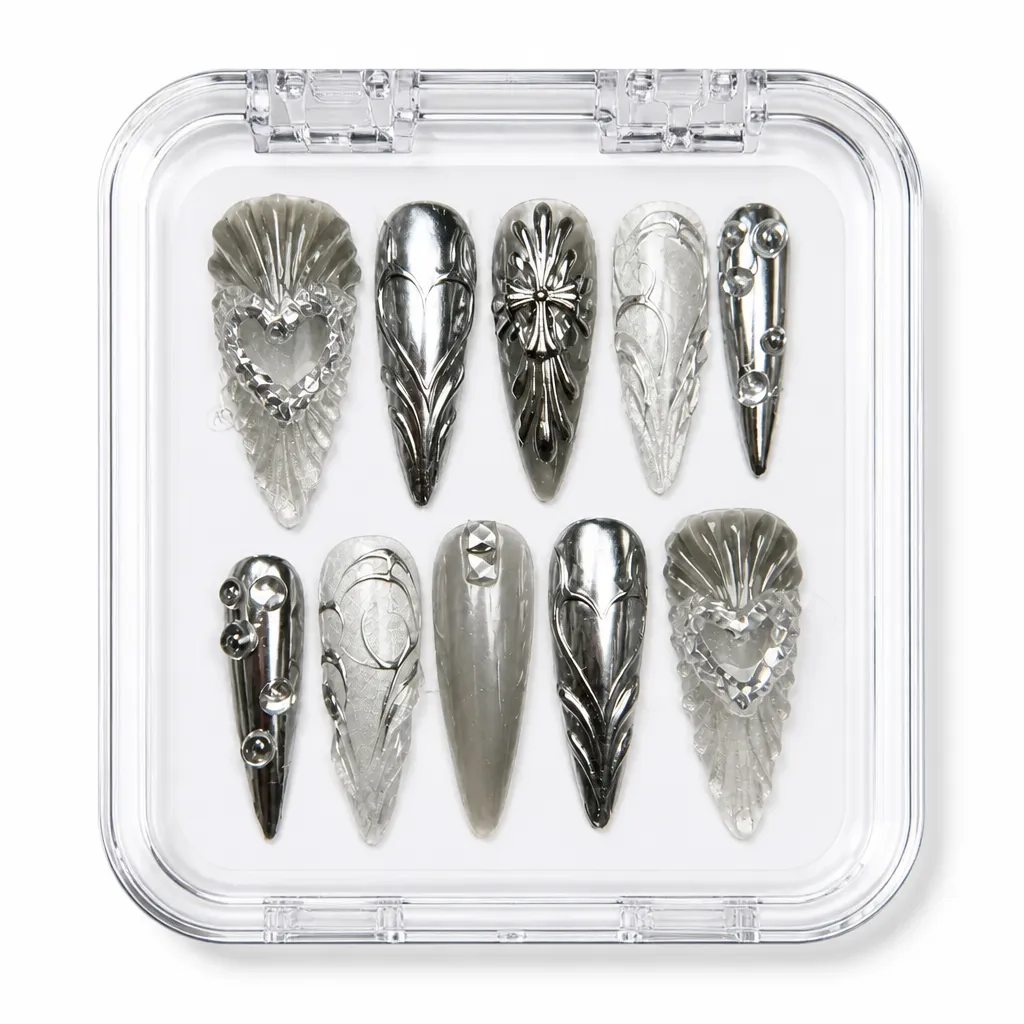 Metallic Feather Elegance – Xưởng gia công Nailbox Sỉ thủ công