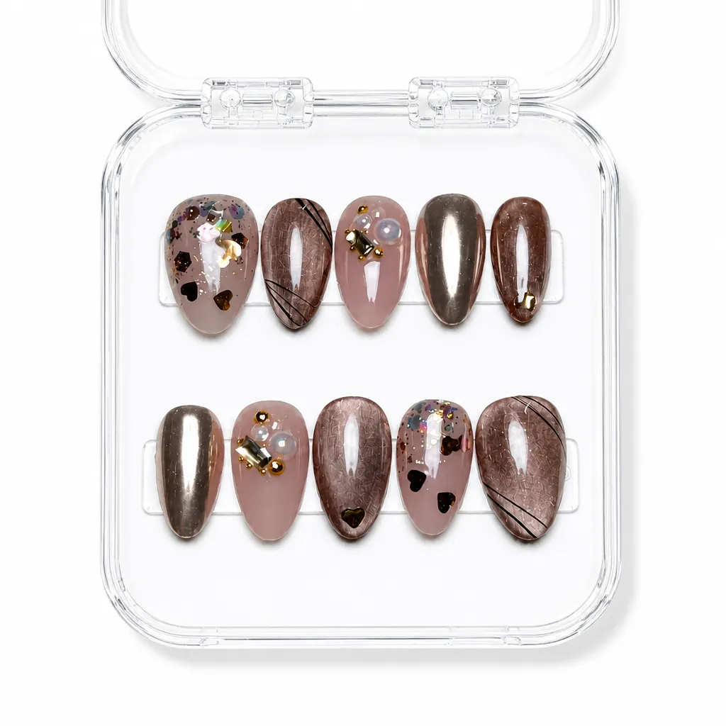 Metallic Heart Elegance – Xưởng gia công Nailbox Sỉ thủ công