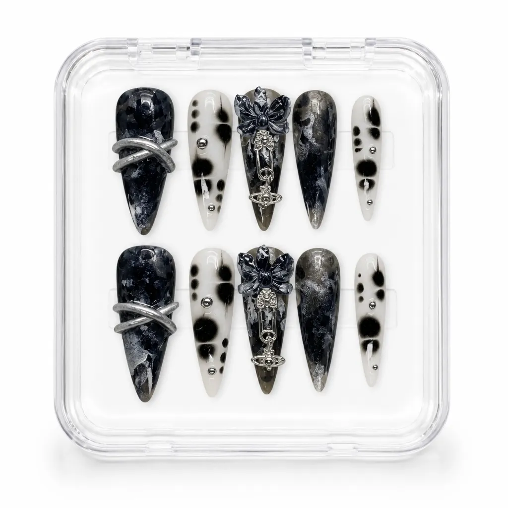 Midnight Chrome Bloom – Xưởng gia công Nailbox Sỉ thủ công
