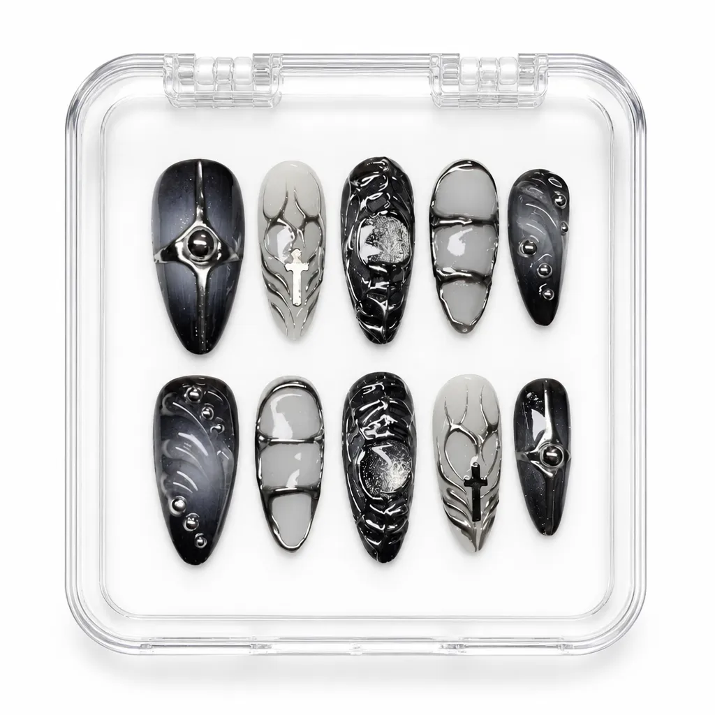 Midnight Chrome Gothic – Xưởng gia công Nailbox Sỉ thủ công