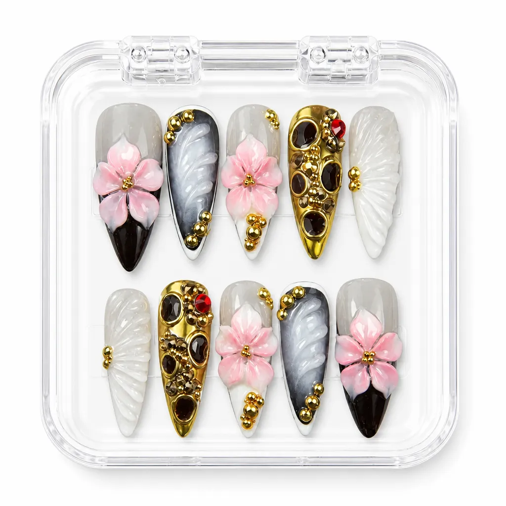 Midnight Floral Gold – Xưởng gia công Nailbox Sỉ thủ công