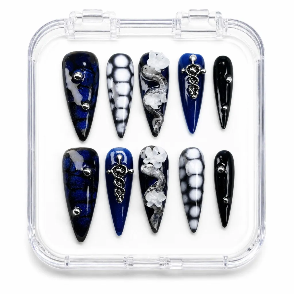 Midnight Serpent Bloom – Mẫu Nailbox Sỉ Thiết Kế Thủ Công