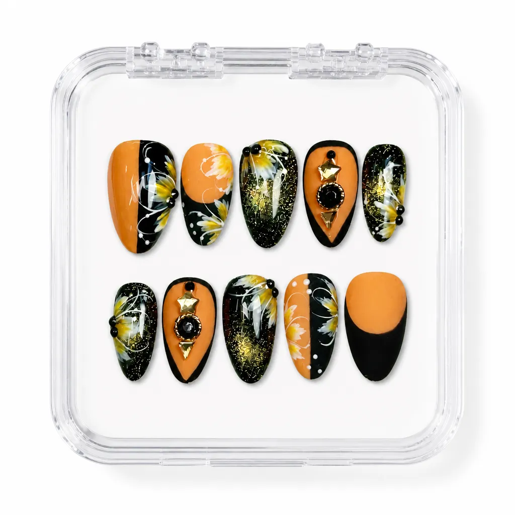 Midnight Sunflower Elegance – Xưởng gia công Nailbox Sỉ thủ công