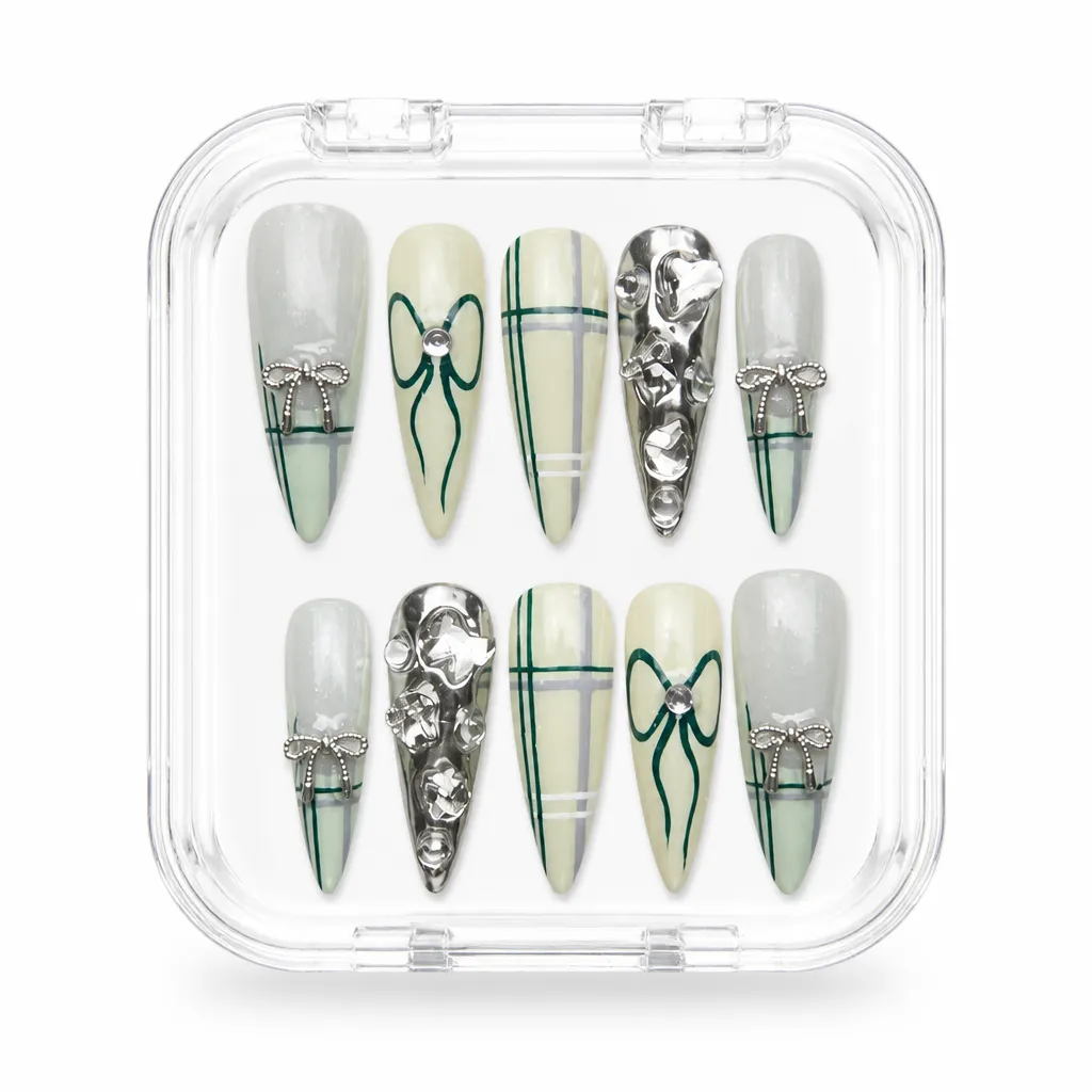 Mint Plaid Bows – Xưởng gia công Nailbox Sỉ thủ công
