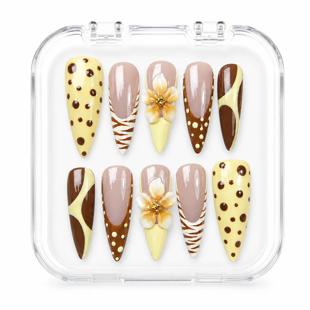 Mocha Polka Floral – Xưởng gia công Nailbox Sỉ thủ công