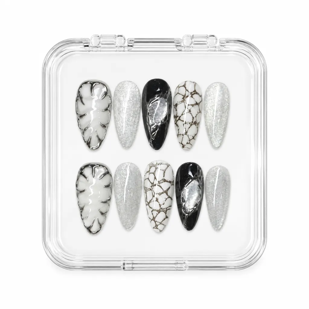 Monochrome Chrome Dream – Mẫu Nailbox Sỉ Thiết Kế Thủ Công