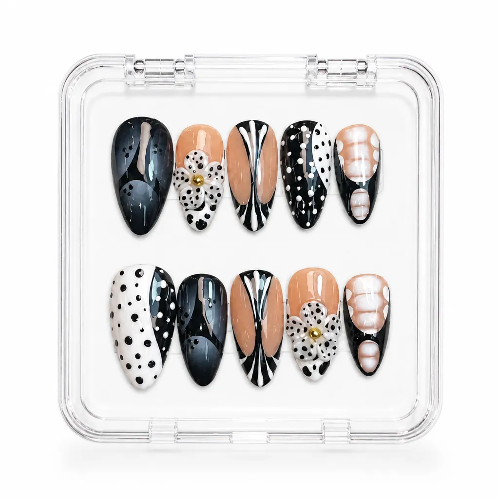 Monochrome Daisy Noir – Xưởng gia công Nailbox Sỉ thủ công