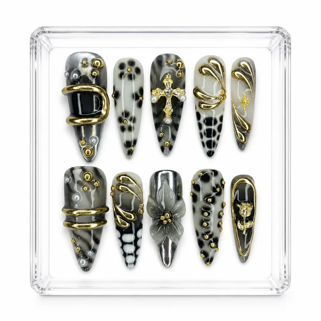Monochrome Gold – Mẫu Nailbox Sỉ Thiết Kế Thủ Công