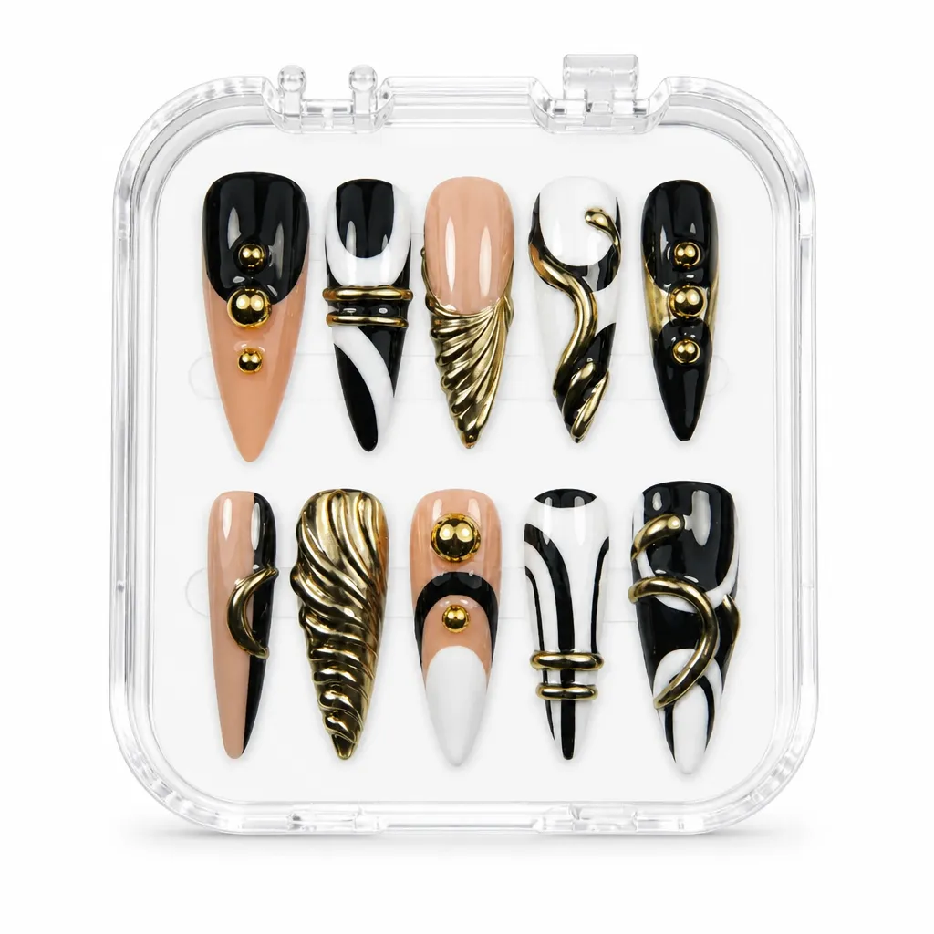 Monochrome Gold Swirl – Xưởng gia công Nailbox Sỉ thủ công