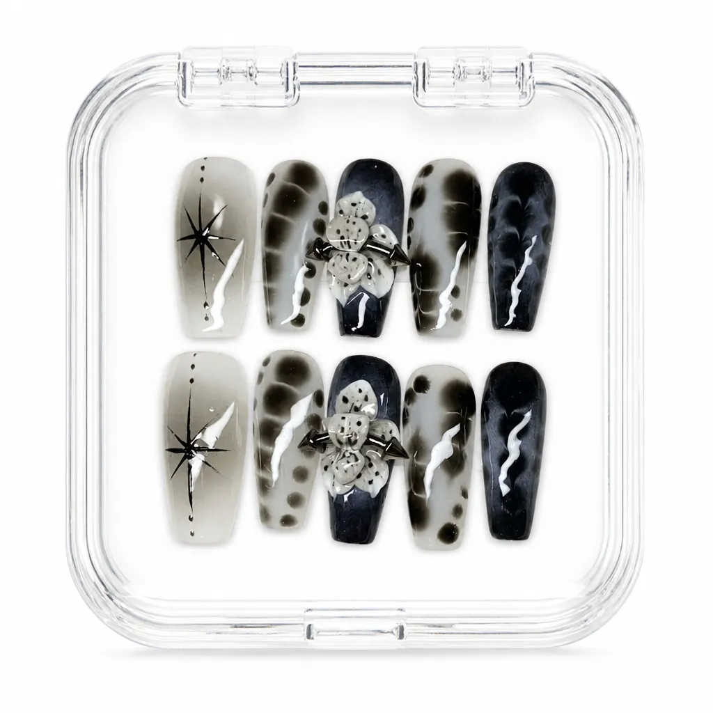 Monochrome Punk Blossom – Xưởng gia công Nailbox Sỉ thủ công