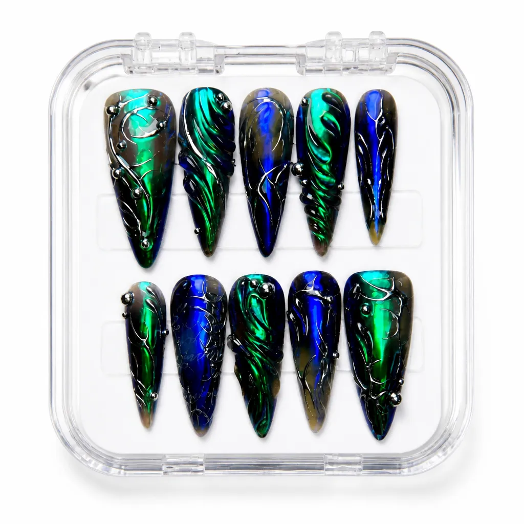 Navy Midnight Aurora – Mẫu Nailbox Sỉ Thiết Kế Thủ Công