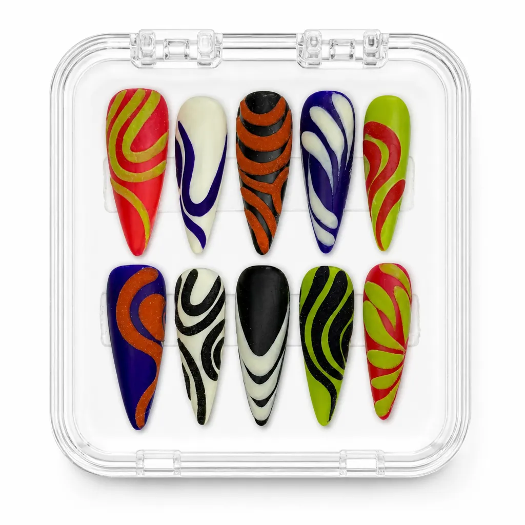 Neon Retro Swirls – Xưởng gia công Nailbox Sỉ thủ công