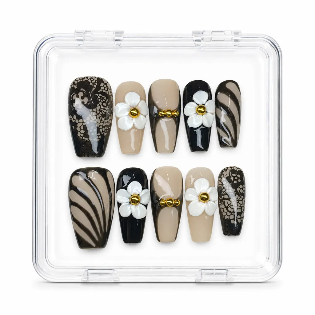 Noir Lace Blossom – Xưởng gia công Nailbox Sỉ thủ công