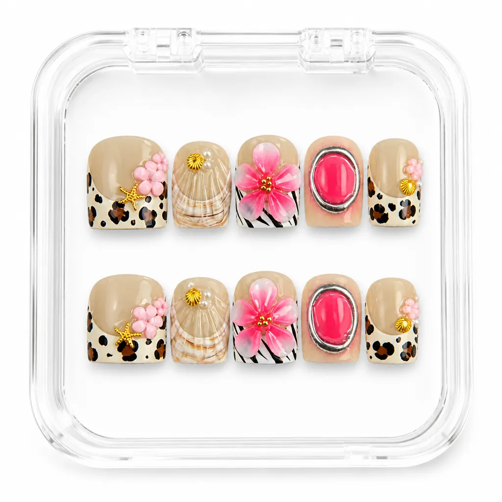 Nude Floral Leopard – Xưởng gia công Nailbox Sỉ thủ công