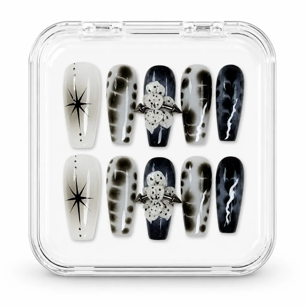 Obsidian Noir Bloom – Xưởng gia công Nailbox Sỉ thủ công
