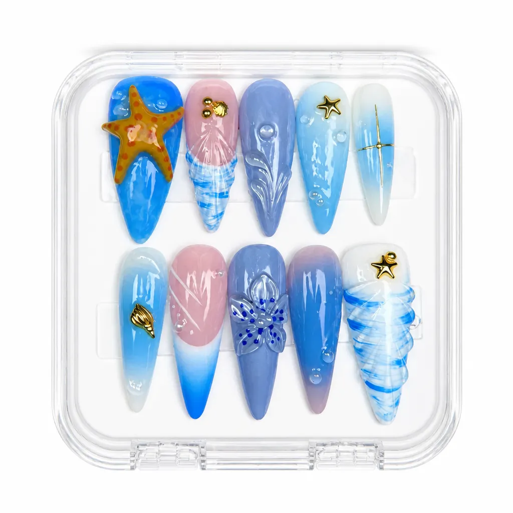 Oceanic Elegance Almond – Xưởng gia công Nailbox Sỉ thủ công