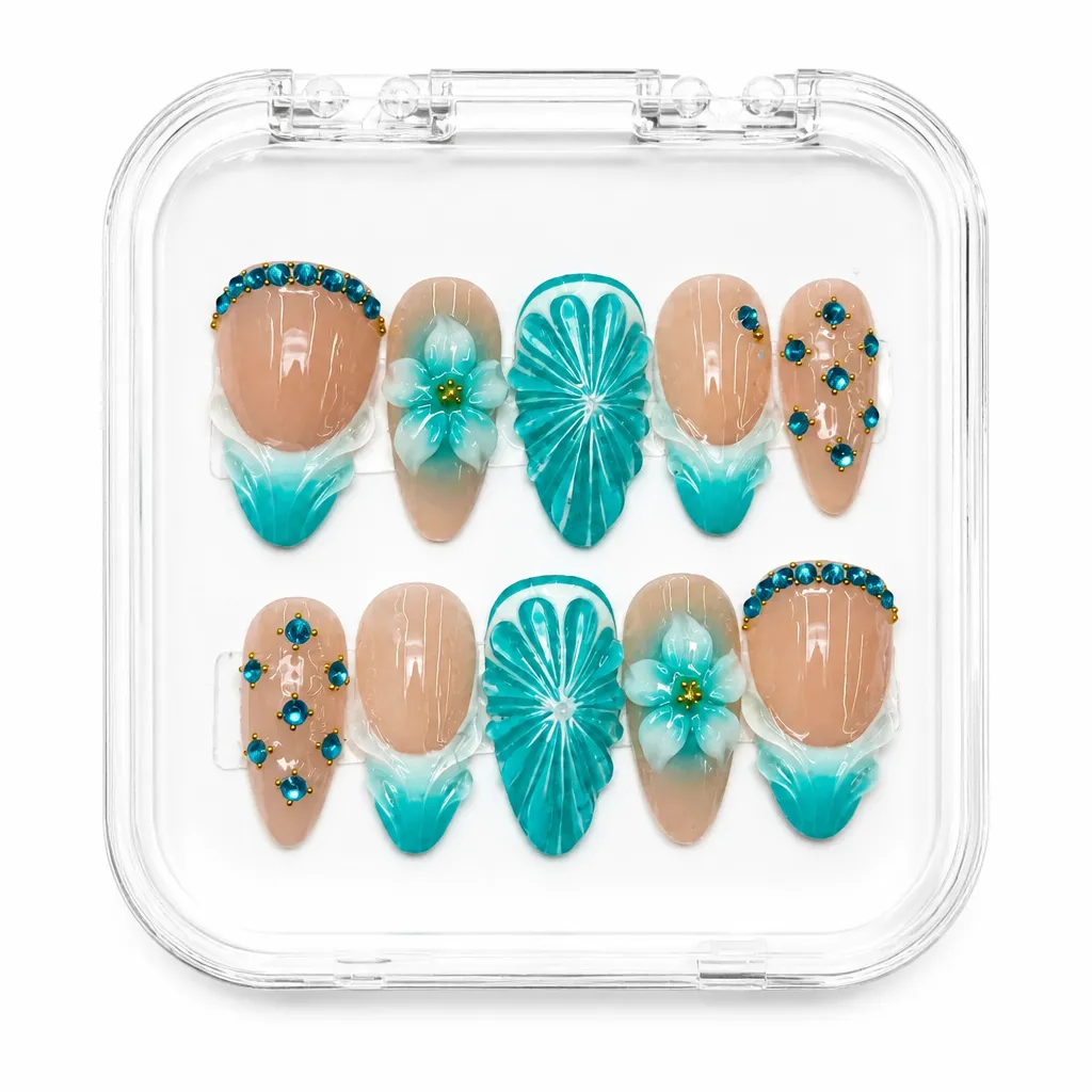 Oceanic Teal Petals – Xưởng gia công Nailbox Sỉ thủ công