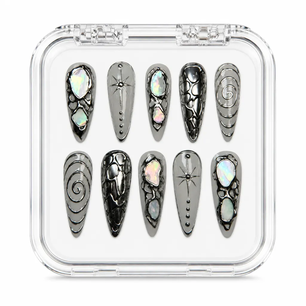 Opal Obsidian Elegance – Xưởng gia công Nailbox Sỉ thủ công