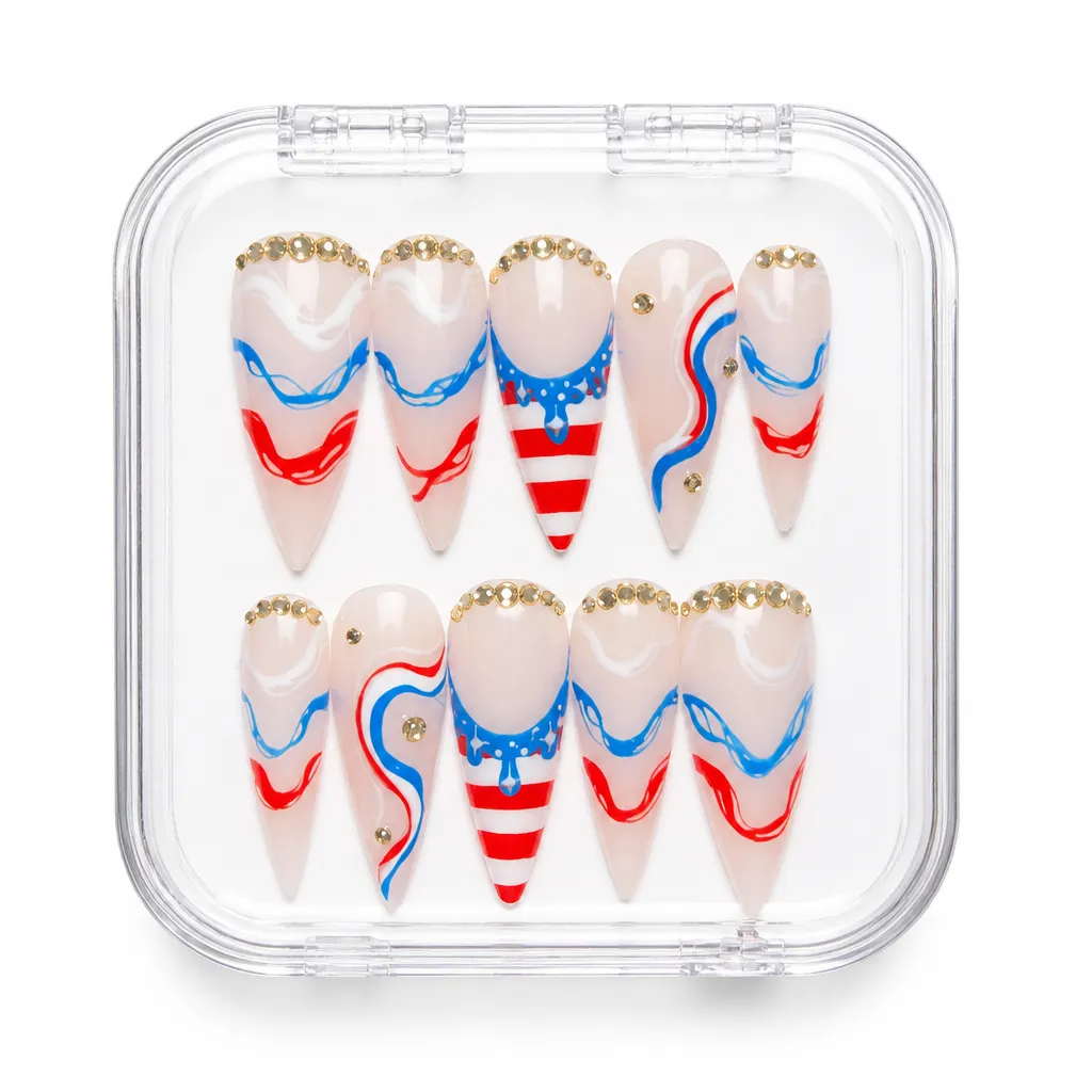 Patriotic Swirl Elegance – Xưởng gia công Nailbox Sỉ thủ công