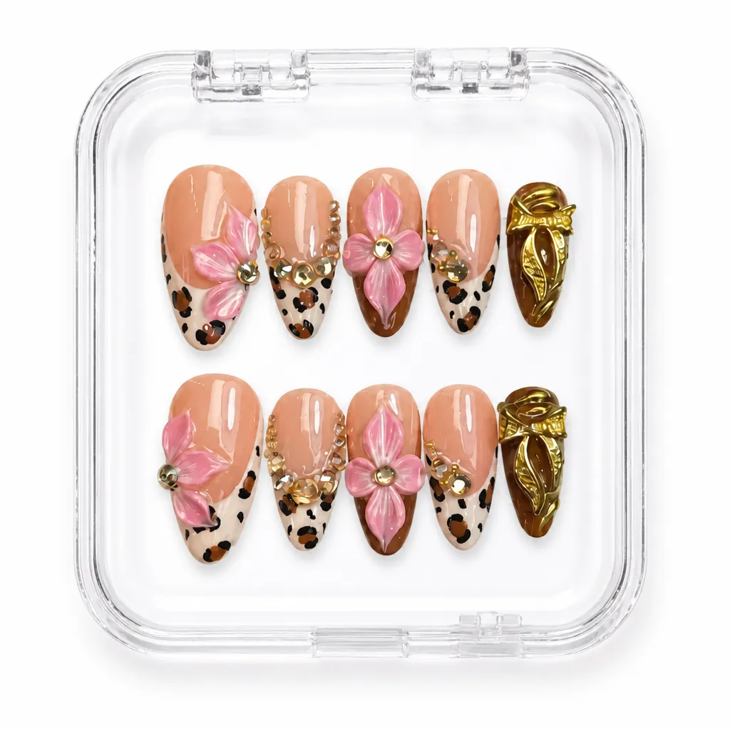 Pink Floral Leopard – Xưởng gia công Nailbox Sỉ thủ công