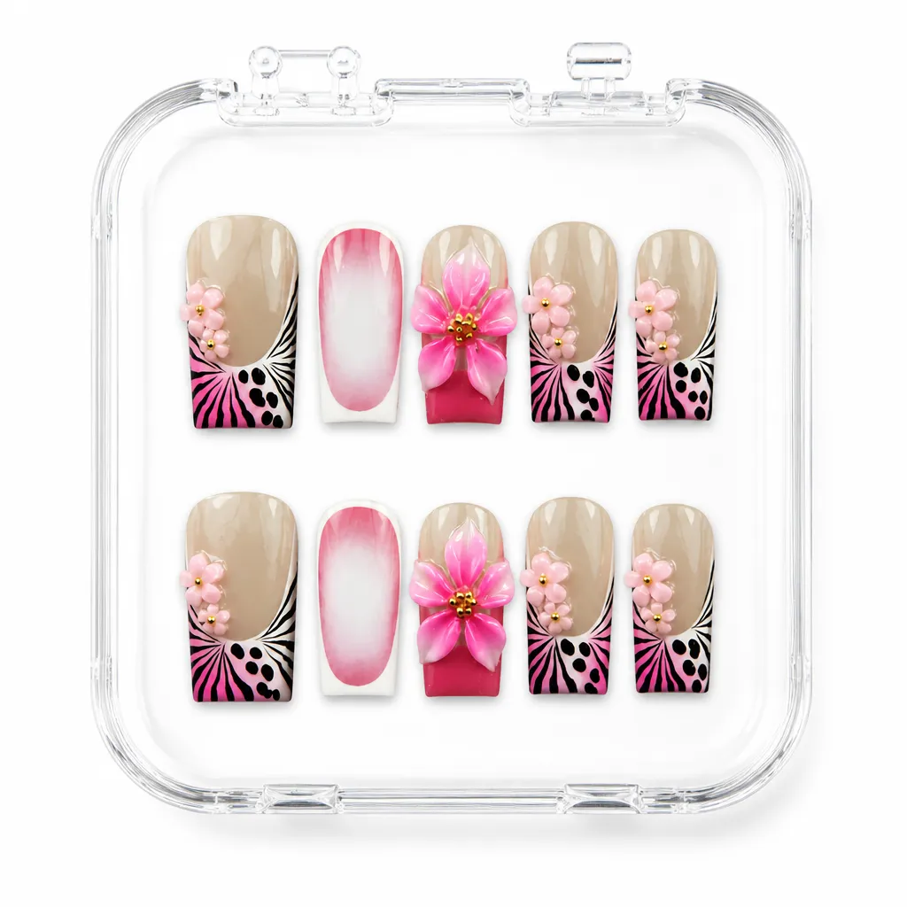 Pink Floral Zebra – Mẫu Nailbox Sỉ Thiết Kế Thủ Công