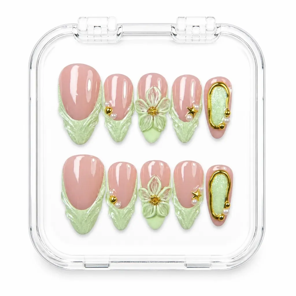 Pistachio Floral Grace – Xưởng gia công Nailbox Sỉ thủ công