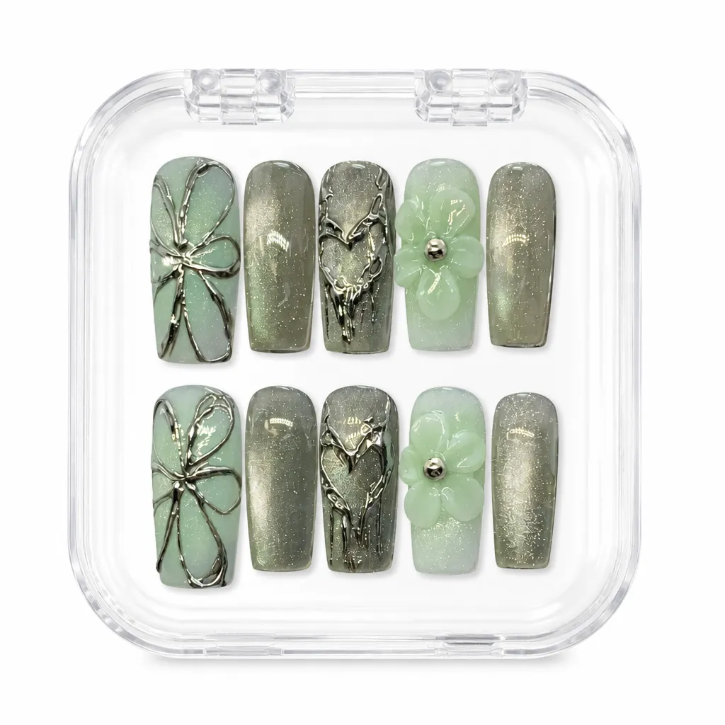 Sage Blossom Chrome – Mẫu Nailbox Sỉ Thiết Kế Thủ Công
