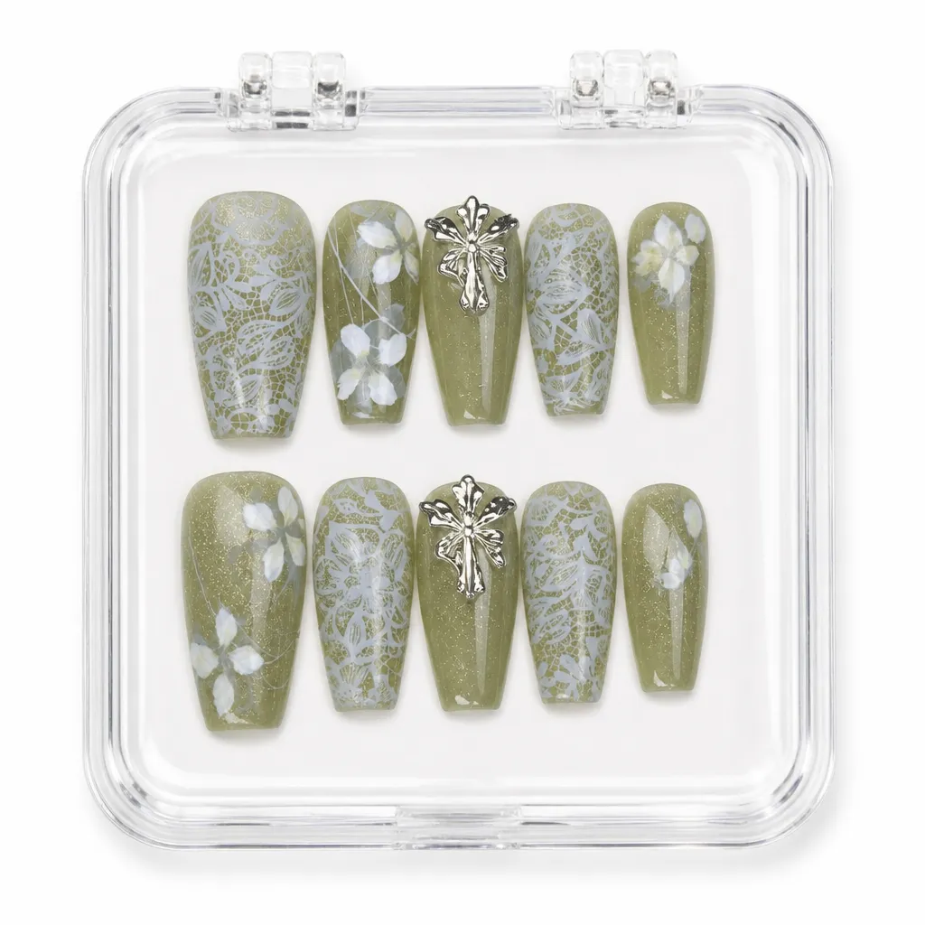 Sage Lace Whisper – Mẫu Nailbox Sỉ Thiết Kế Thủ Công