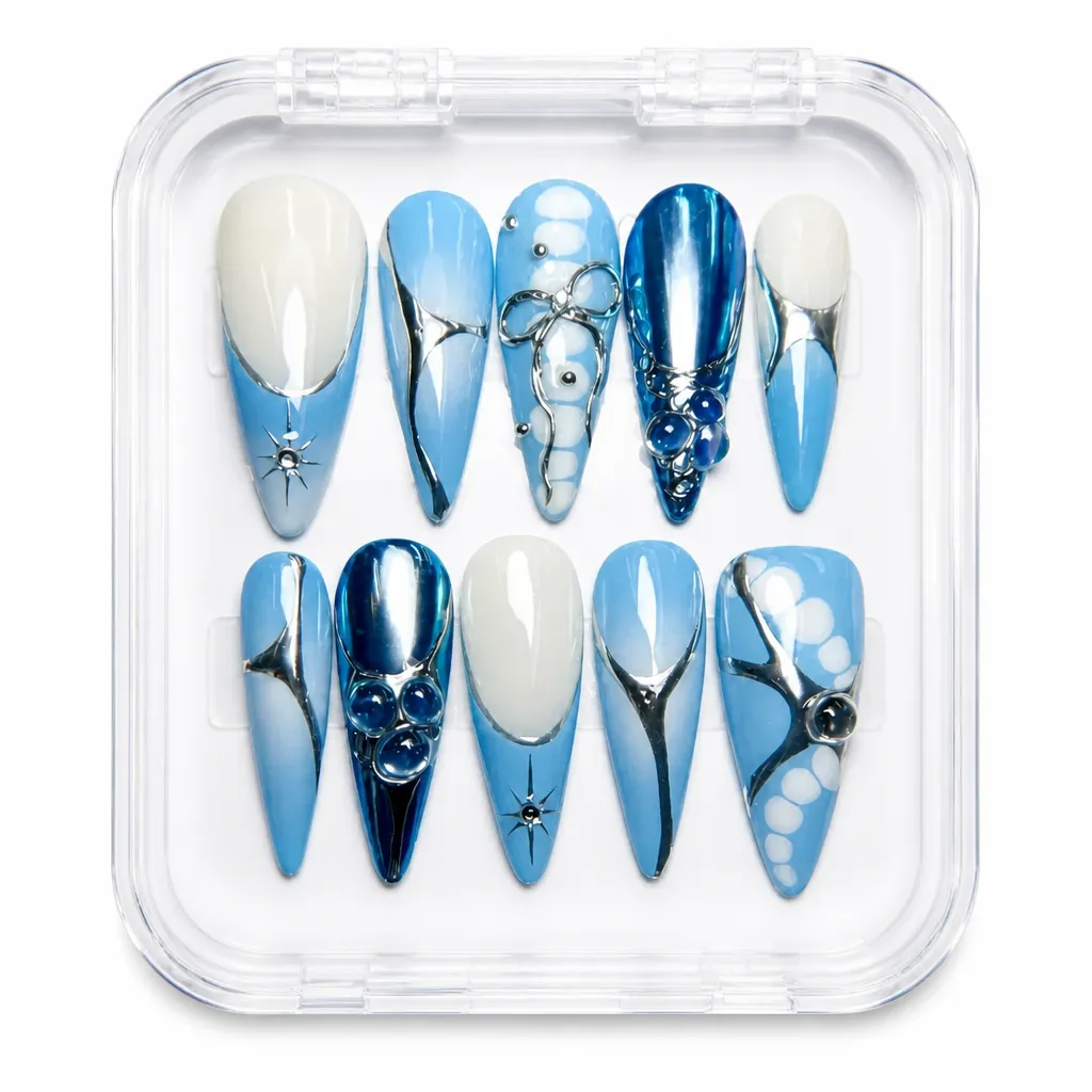 Satin Azure Elegance – Xưởng gia công Nailbox Sỉ thủ công