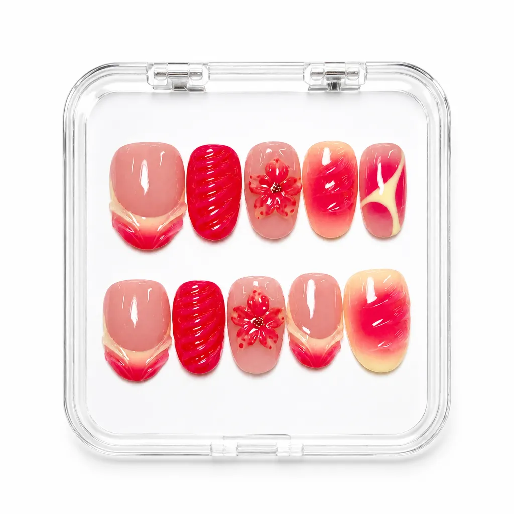 Satin Crimson Bloom – Xưởng gia công Nailbox Sỉ thủ công