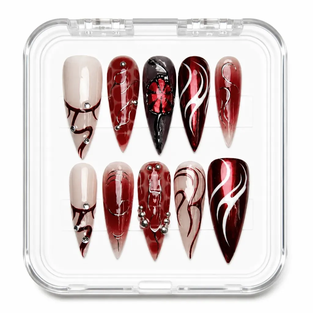 Satin Crimson Elegance – Mẫu Nailbox Sỉ Thiết Kế Thủ Công