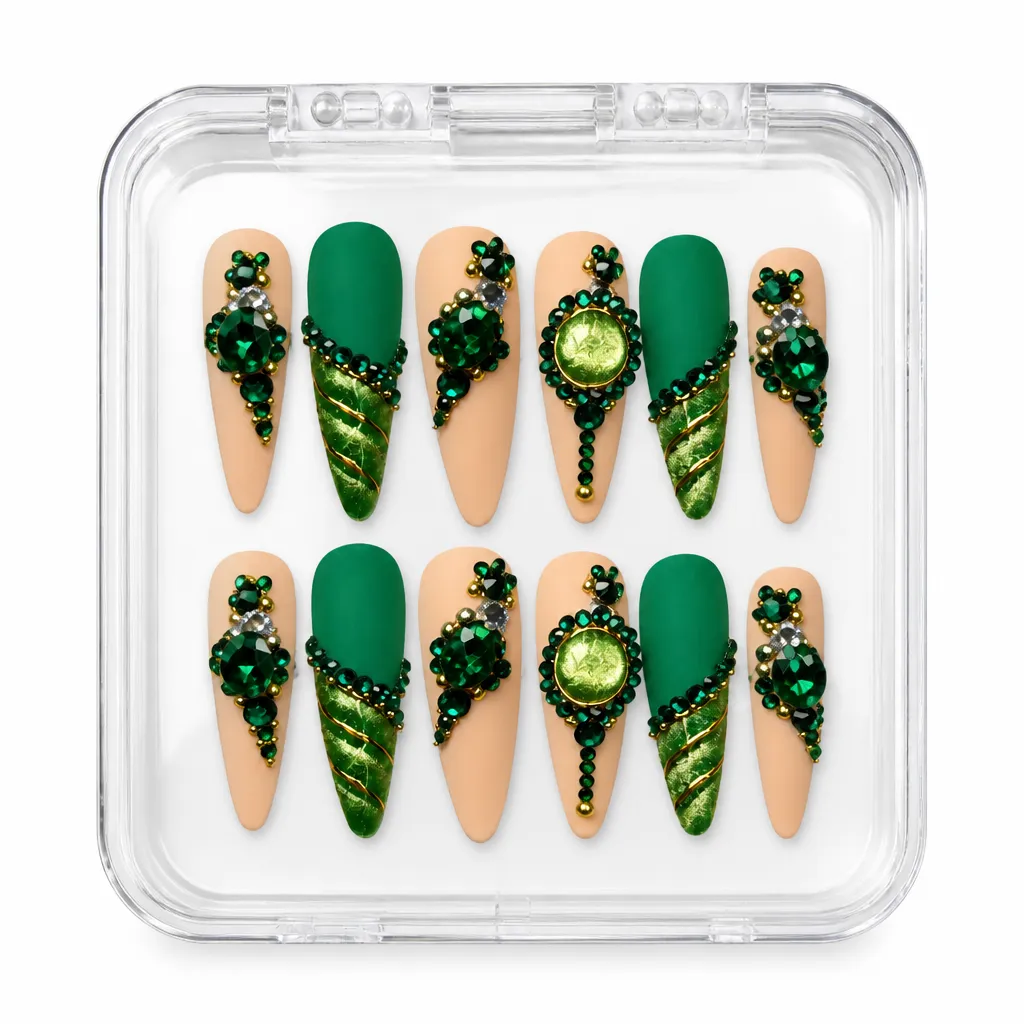 Sparkle Emerald Luxe – Mẫu Nailbox Sỉ Thiết Kế Thủ Công
