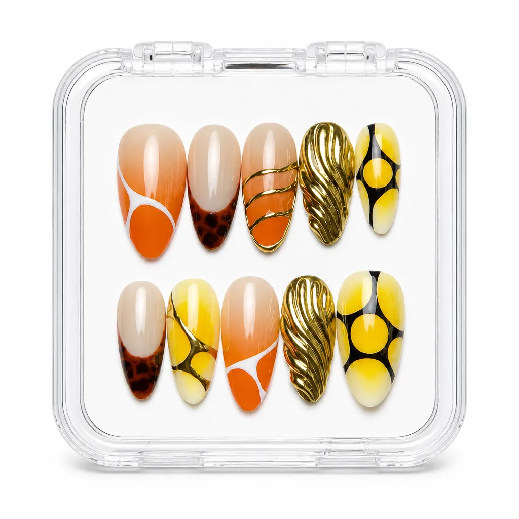 Sunset Geometry Almond – Xưởng gia công Nailbox Sỉ thủ công