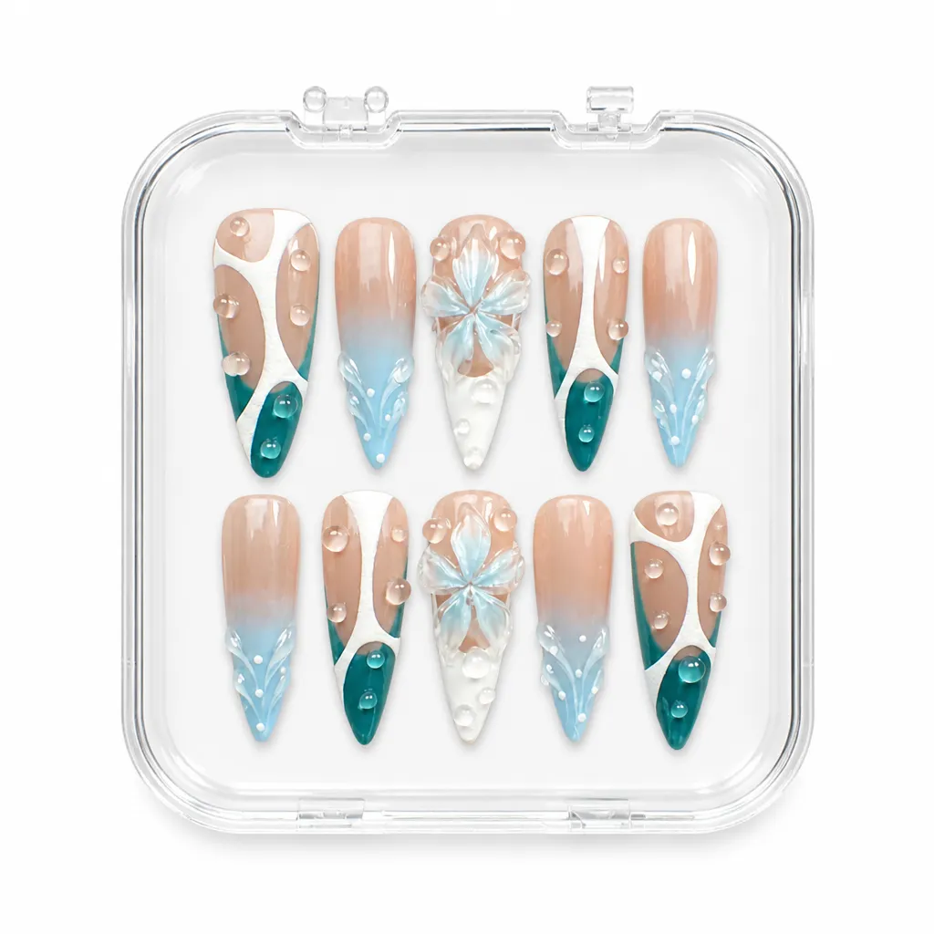 Teal Aquatic Blossoms – Xưởng gia công Nailbox Sỉ thủ công