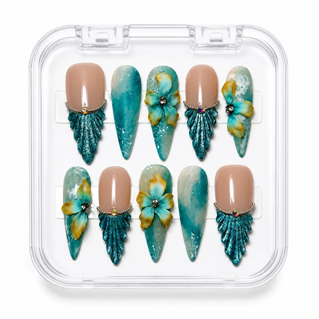 Teal Blossom Elegance – Xưởng gia công Nailbox Sỉ thủ công