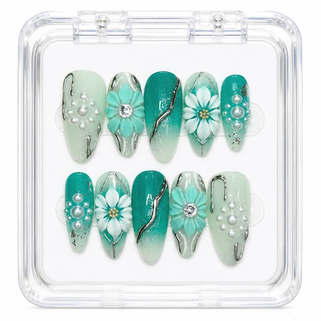 Teal Floral Elegance – Xưởng gia công Nailbox Sỉ thủ công