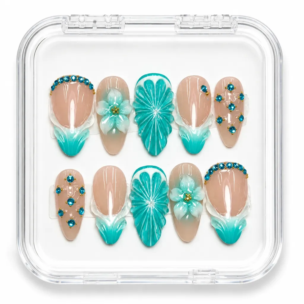 Turquoise Petal Elegance – Xưởng gia công Nailbox Sỉ thủ công
