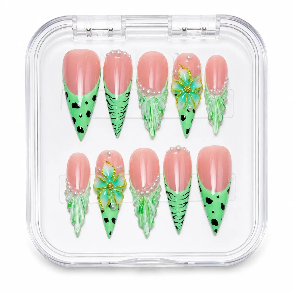 Verdant Elegance Almond – Xưởng gia công Nailbox Sỉ thủ công