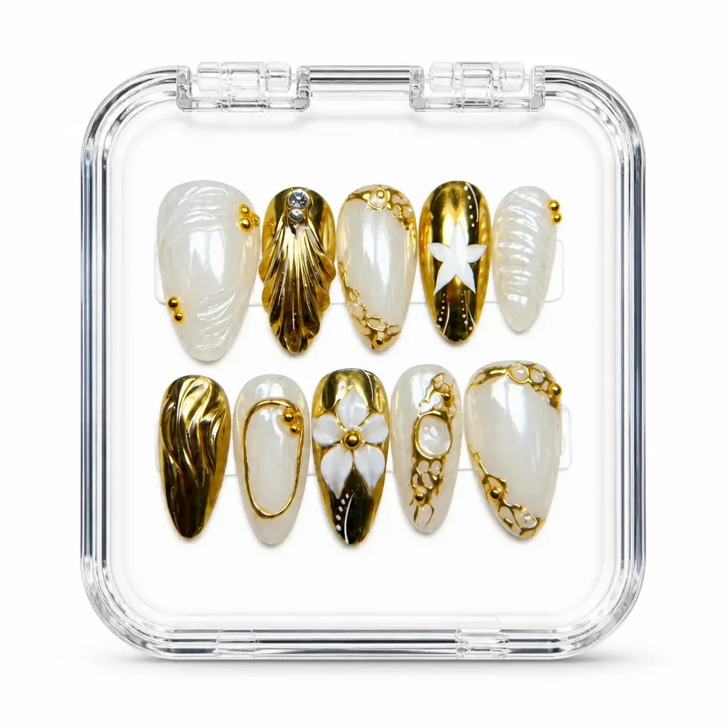 White Metallic Elegance – Xưởng gia công Nailbox Sỉ thủ công
